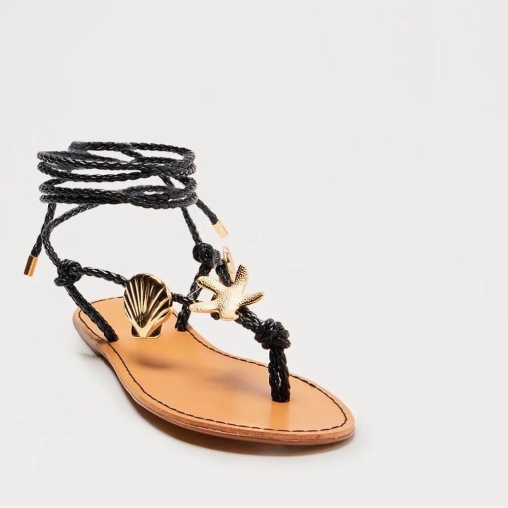 Fashion Nova Black Braided Lace-Up Sandals with Gold Shell Accents